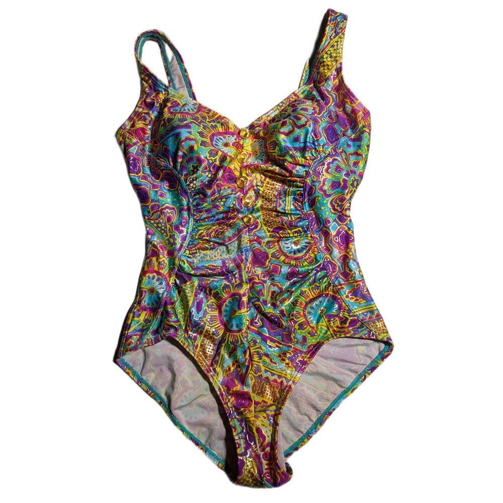 Vtg 1990s Beach Bay Bright Purple Yellow Paisley Floral Ruched Nylon Swimsuit 12